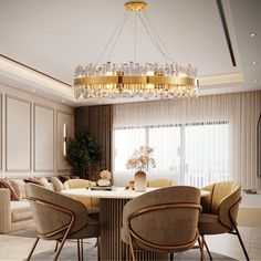 a dining room table with chairs and a chandelier hanging from the ceiling