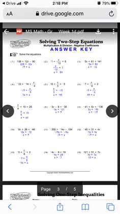 an iphone screen showing the answer sheet for two - step equationss and answers key