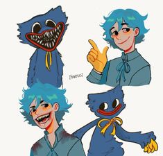 some cartoon characters with blue hair and one is giving the thumbs up to someone else