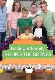 a group of people standing in front of a sign that says ballinger family behind the scenes