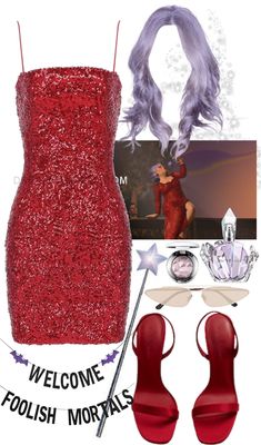 a red dress and heels are featured in this fashion post