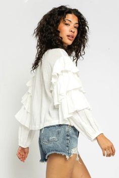 Tiered Ruffle Sleeve Blouse White Ruffle Sleeve Top, White Boho Top, Apple Body Type, White Boho Tops, Polished Casual, Boho Pink, White Long Sleeve Top, Ruffle Sleeve Blouse, Gauze Fabric