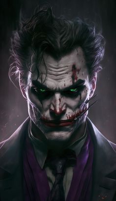 the joker with green eyes and dark hair is dressed in a suit, tie and makeup