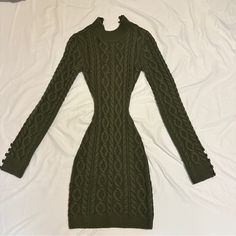 Brand New, Never Worn Outside. However It Did Come With A Small Defect - The Knit In The Front Is Slightly Open (See Last Picture For The Spot). You Cannot See This Defect At All When Worn, It’s Only Visible When Placed Down On A Flat Surface. Price Reflects This Small Defect. Retail Price Was $388. Green Crochet Sleeveless Dress, Knit Sweater Dress Green, Backless Turtleneck, Green Stretch Knit Sweater Dress, Green Knit Mini Sweater Dress, Casual Green V-neck Sweater Dress, Forest Green Color, Dresses Backless, Turtle Neck Dress