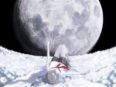 a woman laying on top of a snow covered ground next to a giant full moon