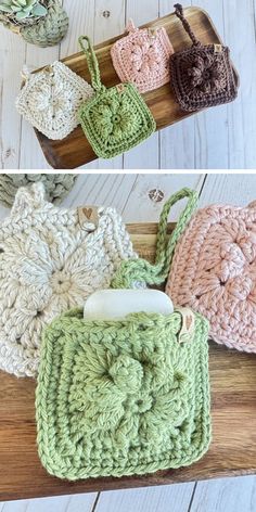 four crocheted purses sitting on top of a wooden table next to each other