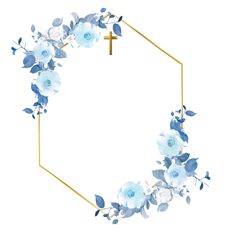 an octagonal frame with blue and white flowers on the edges, along with a gold cross