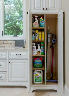 the inside of a cabinet with cleaning products in it