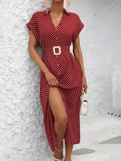 Polka Dot Perfection: Classic Women's Belted Thigh-Split Summer Dress Summer V-neck Belted Midi Dress, Casual Belted Maxi Dress For Date Night, Casual V-neck Dress With Belt, Chic V-neck Belted Dress For Day Out, Chic V-neck Midi Dress With Belt, Summer Dress With Belt Detail, Chic Midi Dress With Split Design And V-neck, Chic Midi Dress With V-neck And Split Design, Elegant Fitted Belted Dress For Day Out