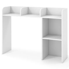 a white desk with two shelves on each side