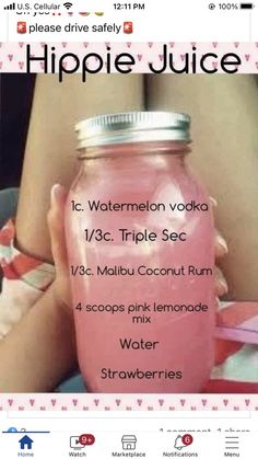 a pink drink in a jar with the words hippie juice on it and an image of a woman's legs