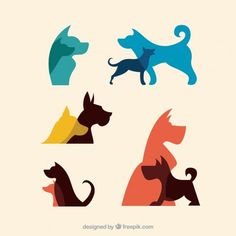 four different colored dogs are shown in this graphic art printable poster, which depicts the silhouettes of various dog breeds