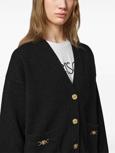 Versace Medusa-plaque V-neck Cardigan - Farfetch Cashmere Color, Medusa Head, Yoko London, Embroidered Cardigan, Pocket Cardigan, City Dress, Cardigan Black, Cotton Cardigan, V Neck Cardigan