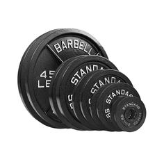 the barbell standard olympic weight set is shown in black and white, with four different sizes