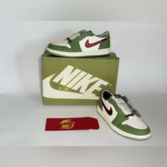 Jordan 1 Retro Low Og Year Of The Dragon 2024 Limited Edition New Original Box Green Sneakers With Red Sole And Round Toe, Green Sneakers With Red Sole For Sports, Green Sporty Sneakers With Red Sole, Sporty Green Sneakers With Red Sole, Shoes Jordan 1, Dragon 2024, Shoes Jordan, Year Of The Dragon, Jordans For Men