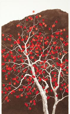 a painting of a tree with red berries on it