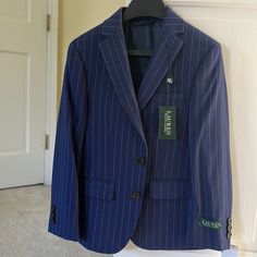 Boys Lauren By Ralph Lauren Navy Pinstripe Suit Coat/ Sports Jacket. Nwt. Perfect Condition Striped Fitted Blazer With Pockets, Fitted Striped Blazer With Pockets, Striped Fitted Outerwear With Suit Collar, Fitted Striped Outerwear With Suit Collar, Striped Fitted Sport Coat With Long Sleeves, Striped Sport Coat For Spring Workwear, Dark Navy Blue Suit, Ralph Lauren Kids Boys, Navy Pinstripe Suit