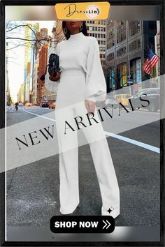 Long Sleeve Solid Elegant Jumpsuit White Jumpsuits And Rompers For Fall Party, Fitted Long Sleeve Winter Pantsuit, White Long Sleeve Pantsuit For Fall, White Long Sleeve Pantsuit For Spring, Fitted Long Sleeve Pantsuit For Winter, Chic Long Sleeve Winter Pantsuit, White Long Sleeve Pantsuit For Summer, White Long Sleeve Summer Pantsuit, White Long Sleeve Jumpsuits For Evening