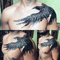 a man with an eagle tattoo on his chest and chest is shown in three different pictures