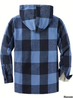 Russoo - Fall Winter Essentials: Mens Plaid Hoodies with Fleece Lining, Oversized Jackets for Plus Size Gentlemen Cotton Fleece Jacket With Adjustable Hood, Casual Hooded Jacket With Fleece Lining, Casual Long Sleeve Fleece Jacket With Adjustable Hood, Cozy Long Sleeve Cotton Fleece Jacket, Casual Hooded Top With Fleece Lining, Blue Casual Cozy Outerwear, Cotton Hooded Jacket With Fleece Lining, Cozy Cotton Fleece Jacket For Outdoor, Oversized Casual Hooded Jacket With Fleece Lining