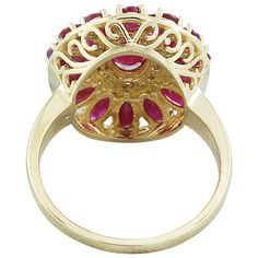 Stamped: 14K Total Ring Weight: 6.3 Grams Ruby Weight 4.05 Carat (6.50x4.80 Millimeters) Diamond Weight: 0.35 carat (F-G Color, VS2-SI1 Clarity )Face Measures: 20.30x17.80 Millimeter SKU: [600663] Oval Ruby Cluster Ring Stamped 14k, Yellow Gold Ruby Ring With Prong Setting, Pear-shaped Ruby Ring In Yellow Gold With Prong Setting, Formal Cluster Ruby Ring With Prong Setting, Formal Pear-shaped Ruby Ring With Prong Setting, Formal Cluster Ruby Ring In 14k Gold, Formal Oval Ruby Ring With Prong Setting, Formal 14k Gold Cluster Ruby Ring, Formal Cluster Ruby Ring Stamped 14k