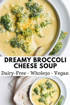 two bowls of creamy broccoli cheese soup