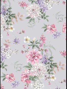 a floral wallpaper pattern with pink, purple and white flowers on a gray background