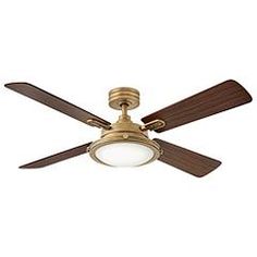 a ceiling fan with two wooden blades and a light on the top one is turned off