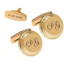 "These gold cufflinks can be custom engraved with a name, date or monogrammed initials. Personalized cufflinks make great wedding gifts for your groomsman or best man. The high polished gold finish looks stunning when personalized with an engraving. All of our high quality cufflinks are precision laser engraved by our expert team of engravers with a very quick turnaround time. Material: Hand Polished Stainless Steel Plated with Gold Dimension: 0.625\" x 0.625\" Black Leatherette Gift Box How To Wedding Cufflinks Groom Gold, Adjustable Gold Cufflinks For Business, Classic Cufflinks With Engraving Option For Father's Day, Engraved Cufflinks For Business And Father's Day, Father's Day Engraved Gold Cufflinks, Father's Day Gold Engraved Cufflinks, Classic Personalized Adjustable Cufflinks, Classic Personalized Cufflinks For Father's Day, Classic Cufflinks For Father's Day Personalized Gift