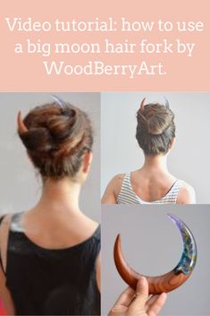 Crescent Hair Stick, How To Use Crescent Moon Hair Fork, Moon Hair Stick Tutorial, Hair Moon Fork, How To Wear Hair Sticks, Witchy Updo, Hair Stick Updo, Witchy Updo Hairstyles, Witchy Hair Styles