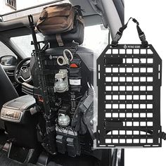 the back end of a vehicle with luggage on it's cargo rack and other items