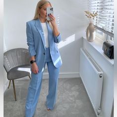 New With Tags 2731/043 Price Is Firm Elegant Light Blue Bottoms For Work, Blue Straight Leg Pantsuit For Office, Casual Blue Suit For Work, Casual Blue Suits For Work, Zara Blue Office Bottoms, Zara Blue Office Pants, Formal Blue Zara Bottoms, Blue Summer Workwear Sets, Pastel Blue Suit Women