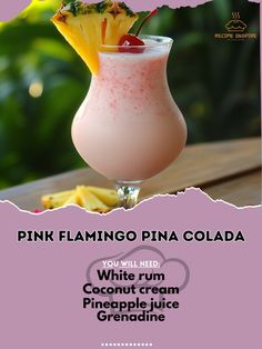 the pink flamingo pina cola is served in a glass with pineapples