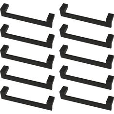 six black plastic shelf brackets on a white background