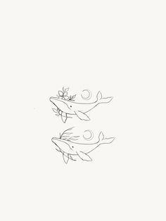 a black and white drawing of two birds sitting on top of a tree branch in the sky