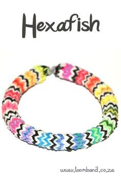 two bracelets that have different colors and designs on them with the words hexafish written