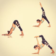 the woman is doing yoga poses on her legs and knees, both in different positions