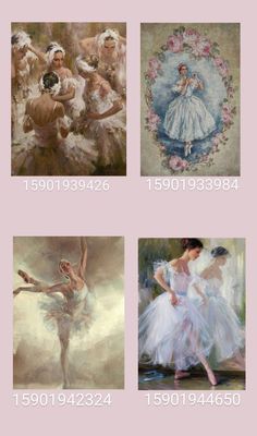 four different pictures of ballet dancers in white dresses