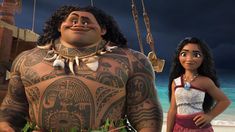 the character moan from disney's moan movie is standing next to a woman in front of an island