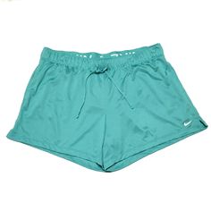 Nike Women's Size XL Dri-FIT Training Teal/Green Shorts DA0319-392. Lying flat top of waistband 17-1/2" across, rise 15", inseam 4-1/2". See pictures for details. Green Stretch Shorts With Elastic Waistband, Green Stretch Nike Bottoms, Nike Green Athletic Shorts For Spring, Green Athletic Shorts With Elastic Waistband For Spring, Green Drawstring Athletic Shorts For Summer, Fitted Green Athletic Shorts With Elastic Waistband, Green Athletic Shorts For Spring Gym Sessions, Nike Green Short Length Bottoms, Green Athletic Shorts With Drawstring For Summer