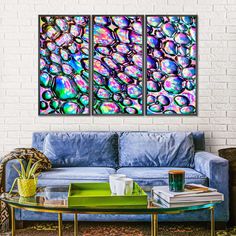 a living room with a blue couch and two paintings on the wall above it that have bubbles