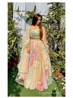 Pastel multi color indian wedding chanderi patchwork Lehenga with mirror embroidered blouse and mesh Dupatta mehendi sangeet outfit by LabelSnigdhaKapoor on Etsy Trendy Ethnic Outfits, Patchwork Lehenga, Pastel Lehenga, Crop Top Lehenga, Sangeet Outfit, Choli Designs, Net Lehenga, Lehenga Skirt, Colorful Crop Tops