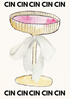 a watercolor and ink drawing of a wine glass with a ribbon around the rim