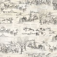 a drawing of a christmas scene with horses and sleighs