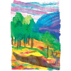 an abstract painting with trees and mountains in the background, on white paper that has been colored