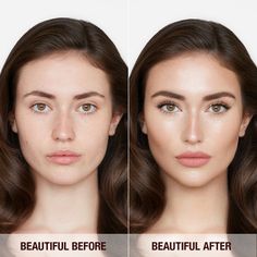 hollywood-contour-wand-before-after-model Charlotte Tilbury Model, Contouring Before And After, Natural Glam Makeup Round Face, Eye Sculpting Makeup, Contour Before And After, Contouring Jawline, Natural Contour Makeup, Hollywood Contour Wand, Contour Wand