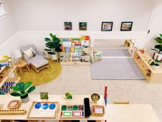 an aerial view of a children's playroom with toys and books on the floor