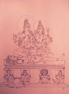 a drawing of three deities sitting on a bench