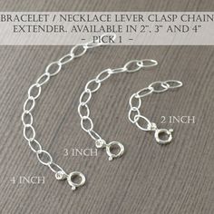 Adjustable sterling silver necklace or bracelet extender to easily add to all your lever clasp necklaces and bracelets. Simply add the clasp to the clasp already on your necklace and whola, a more comfortable fit. The extender is removable. Available Lengths: 2 inches 3 inches 4 inches  #necklaceextender Adjustable Link Charm Bracelet In Sterling Silver, Adjustable Link Sterling Silver Charm Bracelet, Adjustable Sterling Silver Link Charm Bracelet, Nickel Free Adjustable Link Jewelry, Nickel-free Adjustable Link Jewelry, Silver Necklace With Extender As Gift, Silver Necklace With Extender, Adjustable Link Charm Bracelet With Extender, Adjustable Sterling Silver Charm Bracelet With Extender