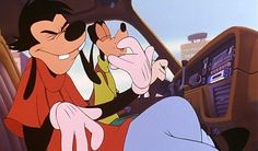 two cartoon characters are sitting in the cockpit of a car and one is holding his head